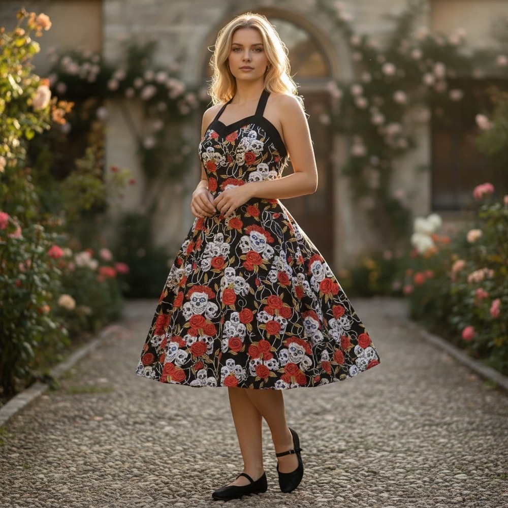 A.L.I Rockabilly Sugar Skull Rose Halter Swing Dress Black Red XXL US 16
